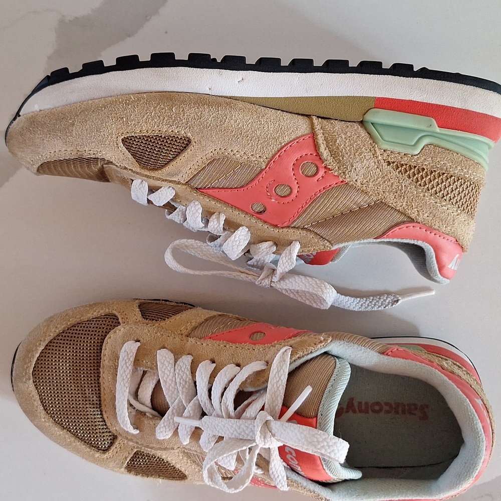 Saucony Tan and Coral Sneakers